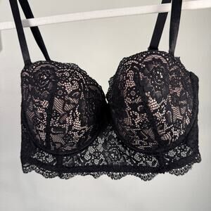 BLuxe Lace Balconette Bra Long Line Size 36D Black Beige Lingerie
